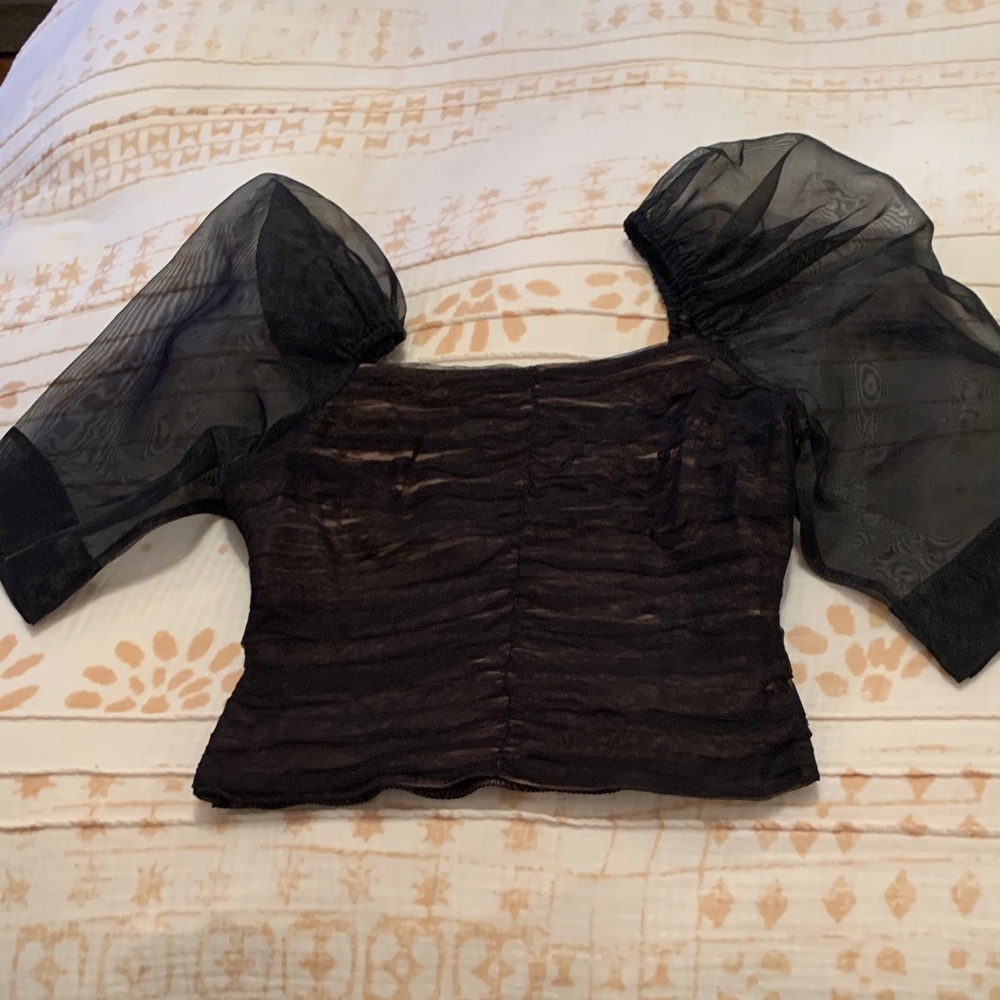 Maeve Black Ruched Blouse with Sheer Sleeves
